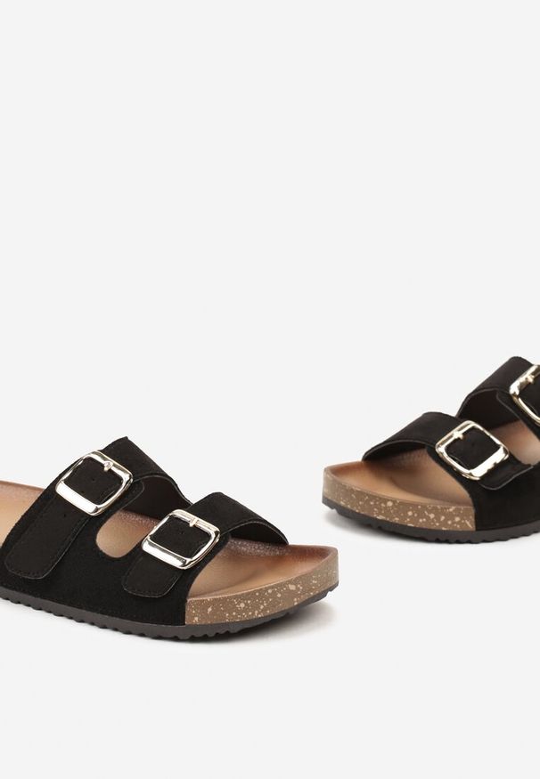 Renee - Czarne Klapki z Ekozamszu z Profilowaną Wkładką z Paskami i Klamrami Lettiea. Okazja: na co dzień. Kolor: czarny. Wzór: kwiaty. Sezon: lato. Styl: wakacyjny, casual