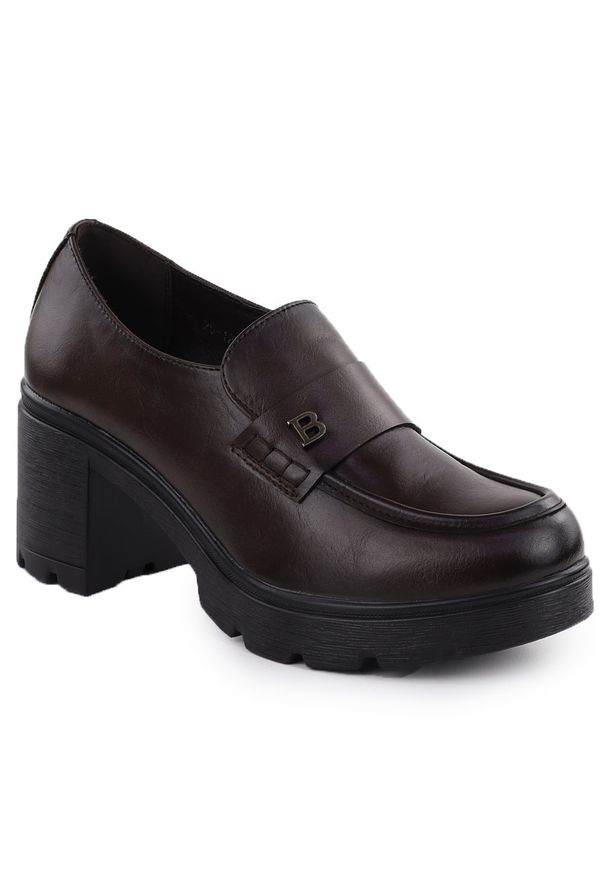 POTOCKI - Półbuty mokasyny damskie na klocku brązowe Potocki SZ12700. Kolor: brązowy. Materiał: skóra. Styl: elegancki
