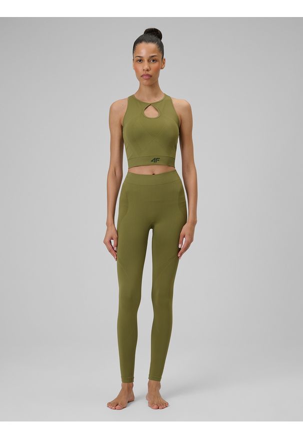 4f - 4F Top do jogi slim szybkoschnący damski - oliwkowy M/L. Kolor: oliwkowy, brązowy, wielokolorowy. Materiał: włókno. Sport: joga i pilates