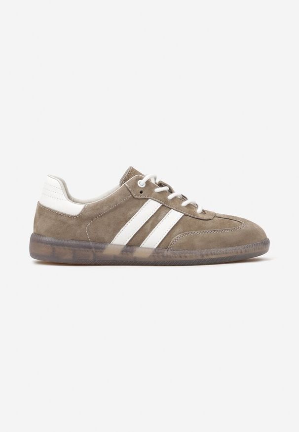 Renee - Ciemnobeżowe Płaskie Sneakersy ze Skóry Naturalnej z Ozdobnymi Paskami Nelarielis. Okazja: na co dzień, na spacer. Zapięcie: pasek. Kolor: beżowy. Materiał: skóra. Wzór: paski. Obcas: na obcasie. Wysokość obcasa: niski. Sport: turystyka piesza