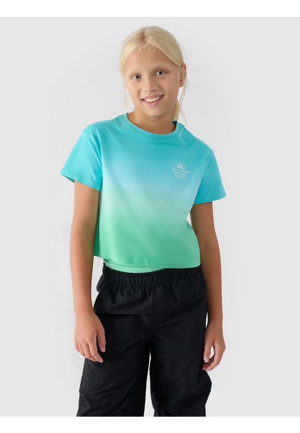 4f - 4F T-shirt cropped z nadrukiem dziewczęcy - multikolor 164 (13-14 lat). Okazja: na co dzień. Kolor: wielokolorowy. Materiał: dzianina, bawełna, jersey. Długość rękawa: krótki rękaw. Długość: krótkie. Wzór: nadruk. Sezon: lato. Styl: sportowy, casual