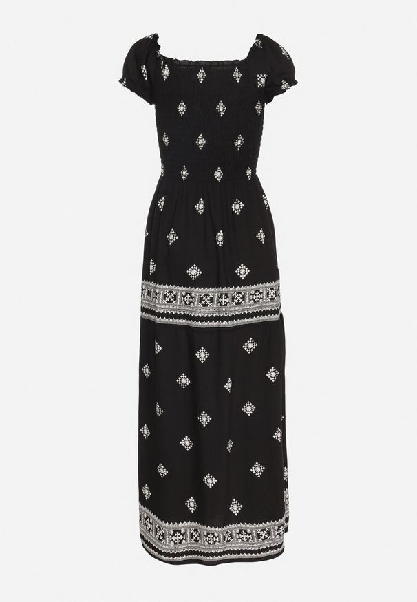 Born2be - Czarna Sukienka z Wiskozy ze Wzorem Boho Ellirose. Okazja: na co dzień. Kolor: czarny. Materiał: wiskoza. Wzór: aplikacja. Sezon: wiosna. Styl: boho