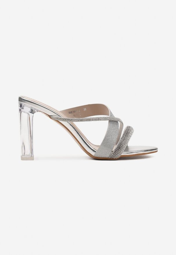 Born2be - Srebrne Klapki na Transparentnym Słupku z Cyrkoniami i Brokatem Netina. Kolor: srebrny. Sezon: lato. Obcas: na słupku