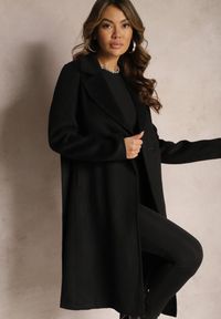 Renee - Czarny Gładki Płaszcz z Materiałowym Paskiem i Zapięciem na Napy Arkella. Kolor: czarny. Materiał: materiał. Wzór: gładki. Sezon: jesień, wiosna #3