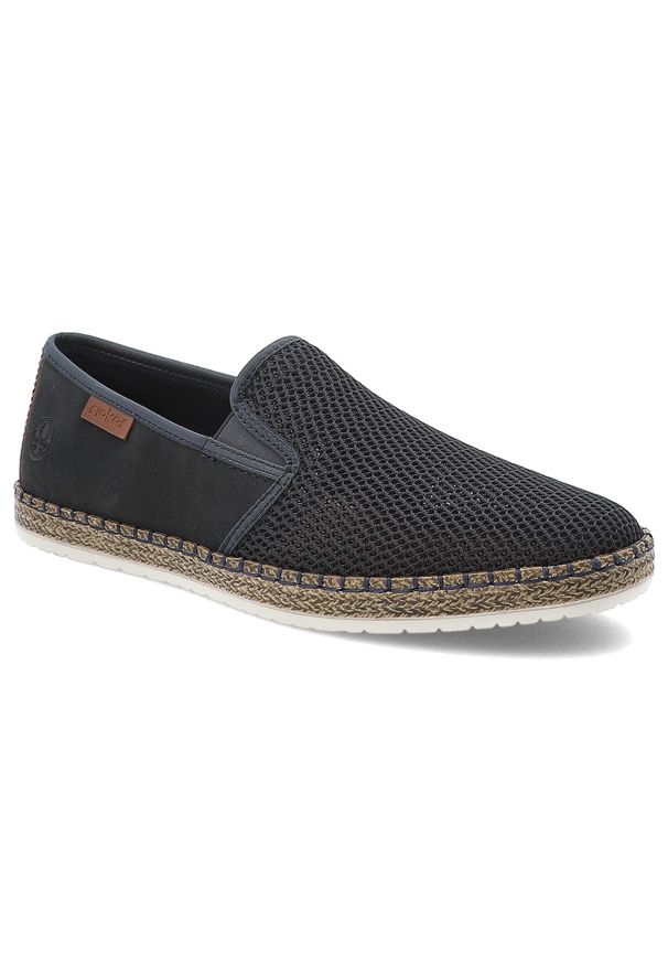 Niebieskie Espadryle Rieker Eleganckie Wsuwane Obuwie Męskie. Zapięcie: bez zapięcia. Kolor: niebieski. Materiał: tkanina, jeans. Sezon: lato. Styl: elegancki