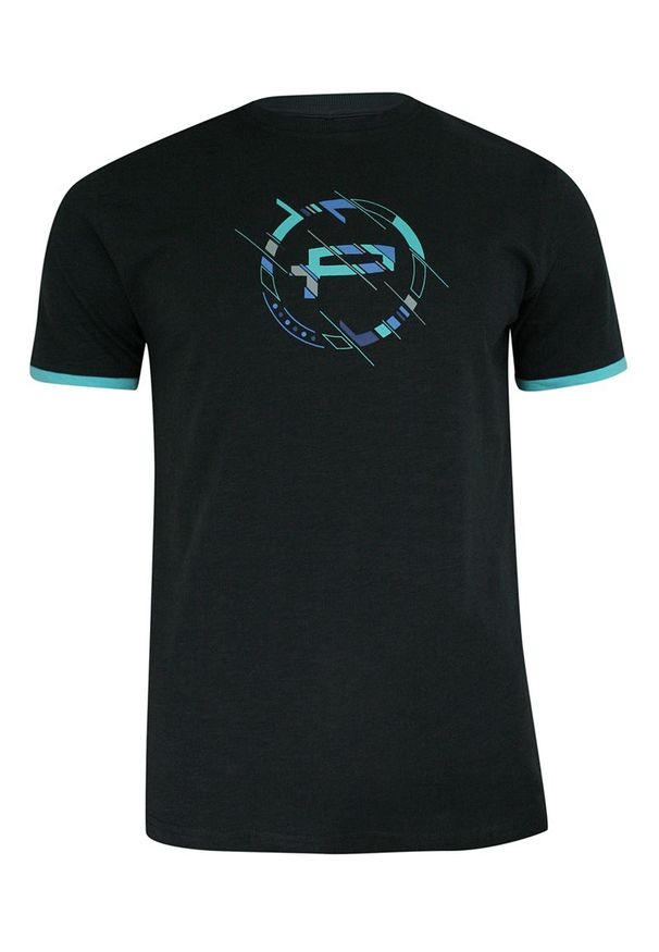 Pako Jeans - T-shirt Bawełniany, Grafitowy z Turkusowym Nadrukiem, Męski, Krótki Rękaw, U-neck -PAKO JEANS. Okazja: na co dzień. Kolor: szary, wielokolorowy, turkusowy. Materiał: bawełna. Długość rękawa: krótki rękaw. Długość: krótkie. Wzór: nadruk. Styl: casual