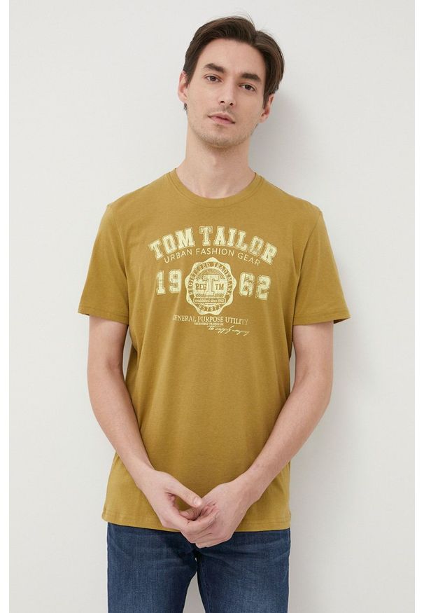 Tom Tailor T-shirt bawełniany kolor zielony z nadrukiem. Kolor: zielony. Materiał: bawełna. Wzór: nadruk
