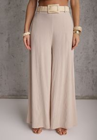Renee - Beżowe Spodnie High Waist Wide Leg z Wiskozą z Plecionym Paskiem Aridine. Okazja: na co dzień. Stan: podwyższony. Kolor: beżowy. Materiał: wiskoza. Styl: elegancki, casual #2