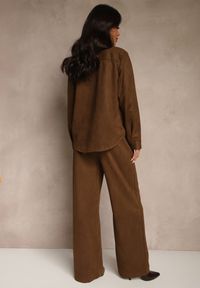 Renee - Brązowy Komplet Koszula i Spodnie Wide Leg z Paskiem ze Sprzączką Ralindea. Kolor: brązowy. Materiał: jeans