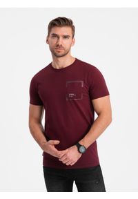 Ombre Clothing - Bawełniany męski t-shirt z nadrukiem na kieszonce – bordowy V2. Okazja: na co dzień. Kolor: czerwony. Materiał: bawełna. Wzór: nadruk. Styl: casual