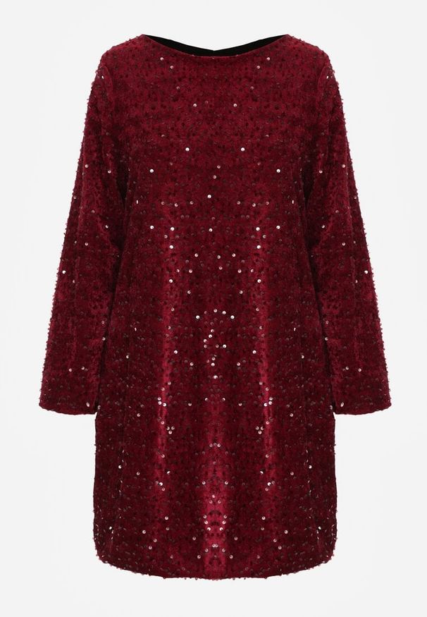 Born2be - Czerwona Cekinowa Sukienka z Odkrytymi Plecami i Wiązaniem Diadina. Kolor: czerwony. Materiał: wiskoza, elastan, futro. Wzór: aplikacja. Styl: wizytowy, elegancki