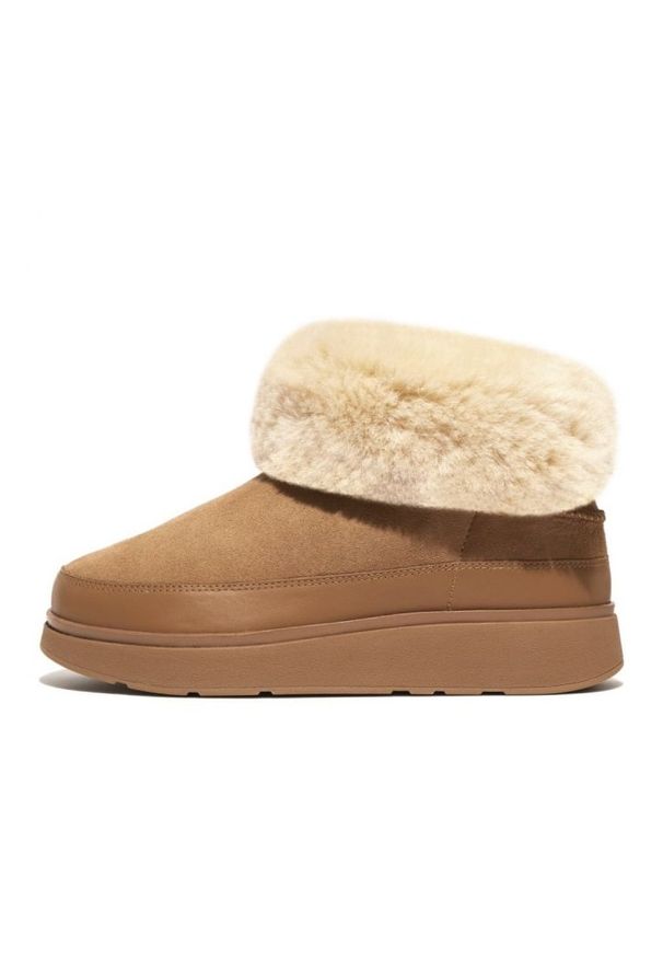 Buty FitFlop GEN-FF Mini Double-Faced Shearling Boots W GS6-A69 beżowy. Okazja: na spacer. Zapięcie: pasek. Kolor: beżowy. Materiał: materiał, skóra