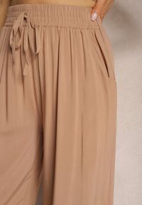 Renee - Beżowe Bawełniane Spodnie Kuloty High Waist z Gumką w Pasie Vimarielle. Okazja: do pracy, na spotkanie biznesowe. Stan: podwyższony. Kolor: beżowy. Materiał: bawełna. Styl: elegancki, biznesowy