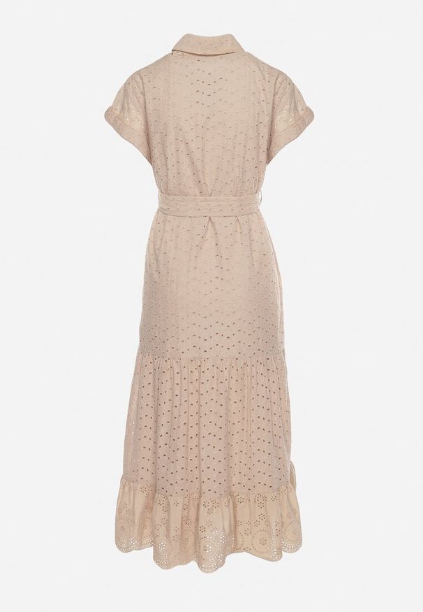 Born2be - Beżowa Sukienka Bawełniana z Ażurowym Wzorem i Wiązanym Paskiem Kelilena. Okazja: na co dzień. Kolor: beżowy. Materiał: bawełna. Długość rękawa: krótki rękaw. Wzór: ażurowy. Typ sukienki: rozkloszowane. Styl: casual, retro, elegancki