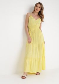 Born2be - Żółta Sukienka Euneope. Kolor: żółty. Materiał: tkanina. Długość rękawa: na ramiączkach. Wzór: ażurowy, aplikacja. Styl: wakacyjny. Długość: midi #5