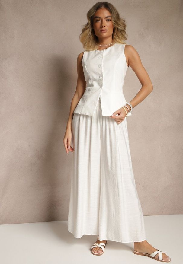 Renee - Jasnobeżowe Spodnie z Wiskozą o Szerokim Kroju High Waist Orrana. Okazja: na co dzień. Stan: podwyższony. Kolor: beżowy. Materiał: wiskoza. Styl: elegancki, casual