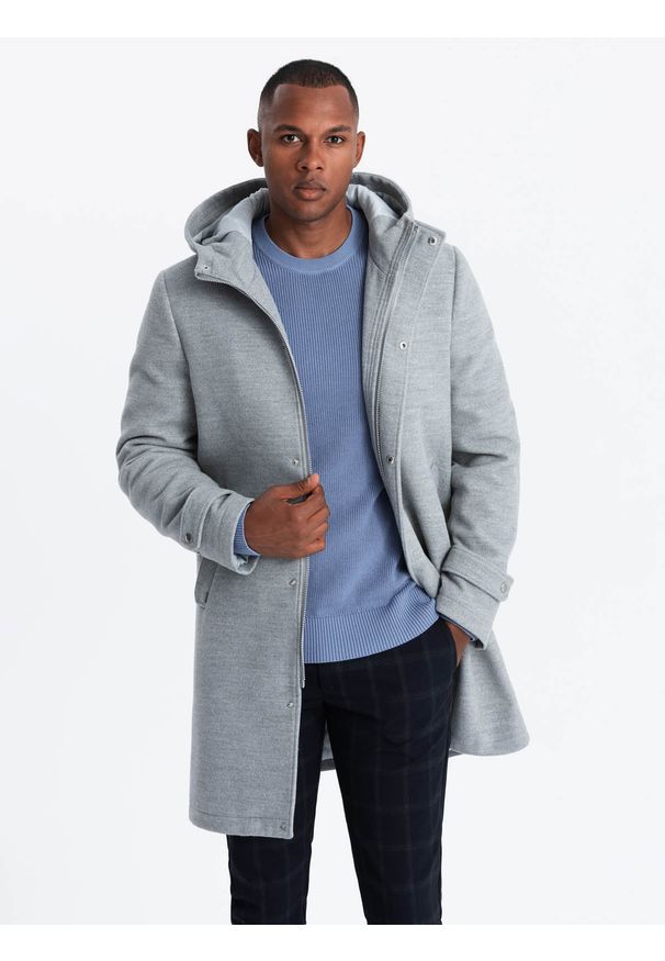 Ombre Clothing - Monochromatyczny długi męski płaszcz z kapturem – szary melanż V1 OM-COWC-22FW-005 - XXL. Okazja: na co dzień. Typ kołnierza: kaptur. Kolor: szary. Materiał: wiskoza, poliester, syntetyk, materiał, tkanina. Długość: długie. Wzór: melanż. Styl: wizytowy, elegancki, casual