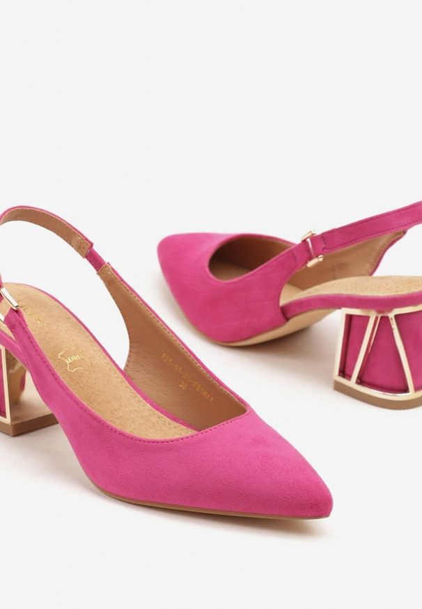 Renee - Fuksjowe Sandały Vices na Słupku ze Skórzaną Wkładką i Metaliczną Wstawką Sesoria. Okazja: na co dzień, do pracy, na spotkanie biznesowe. Nosek buta: szpiczasty. Zapięcie: sprzączka. Kolor: różowy. Materiał: skóra. Obcas: na słupku. Styl: wizytowy, klasyczny, casual, biznesowy, elegancki. Wysokość obcasa: średni