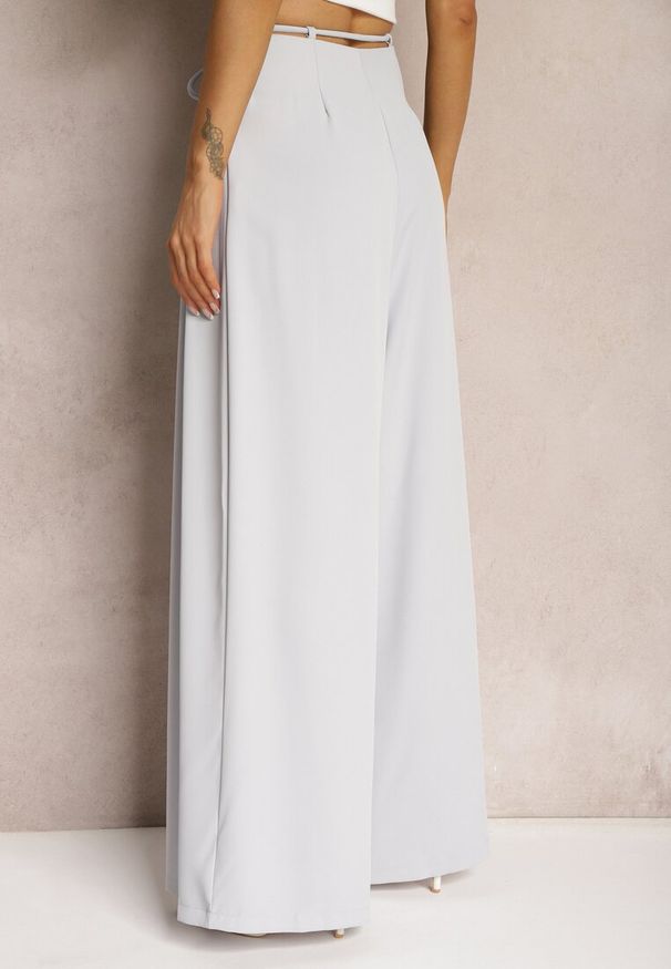 Renee - Jasnoniebieskie Szerokie Spodnie High Waist Zapinane na Suwak z Wiązaniem w Talii Vikonnia. Okazja: na co dzień. Stan: podwyższony. Kolor: niebieski. Styl: casual, klasyczny, elegancki