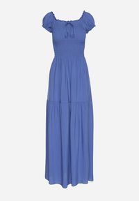 Born2be - Niebieska Wiskozowa Sukienka Hiszpanka z Marszczoną Górą Jenanira. Okazja: na co dzień. Typ kołnierza: dekolt hiszpanka. Kolor: niebieski. Materiał: wiskoza. Styl: klasyczny, casual #5