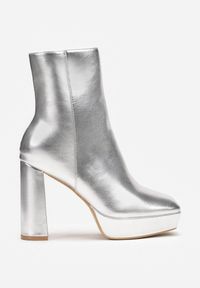 Born2be - Srebrne Botki na Obcasie i Platformie z Kwadratowym Noskiem Epmiona. Zapięcie: zamek. Kolor: srebrny. Obcas: na obcasie. Wysokość obcasa: wysoki #3