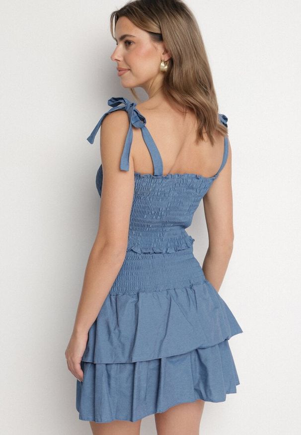 Born2be - Jasnoniebieski Komplet Bawełniany Top z Kokardkami i Spódnica z Falbanami Zaliella. Kolor: niebieski. Materiał: bawełna