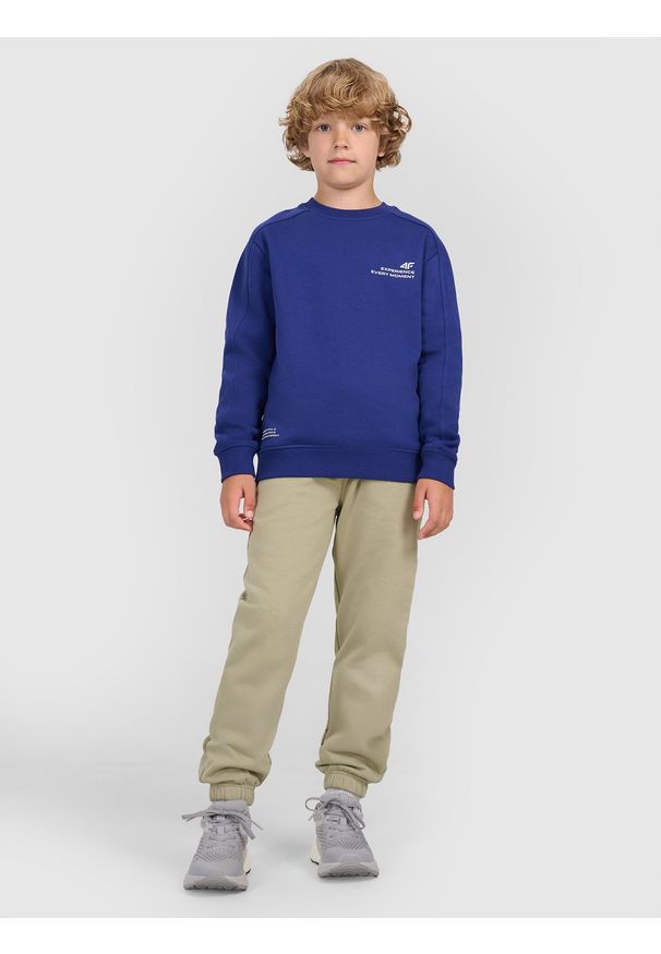 4f - 4F Bluza dresowa nierozpinana bez kaptura chłopięca - granatowa 122 (6-7 lat). Okazja: na co dzień. Typ kołnierza: bez kaptura. Kolor: niebieski. Materiał: dresówka. Wzór: napisy, gładki, ze splotem. Sezon: lato. Styl: klasyczny, casual, sportowy