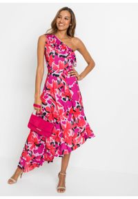 Sukienka one-shoulder bonprix różowo-jasny lila w kwiaty. Kolor: różowy. Wzór: kwiaty. Sezon: lato. Typ sukienki: asymetryczne #3
