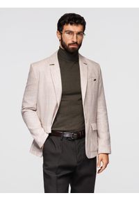 Ombre Clothing - Męska marynarka o kroju REGULAR z lnem - jasnobeżowa V2 - Rozmiar: L. Okazja: do pracy. Kolor: beżowy. Materiał: len. Wzór: aplikacja. Styl: klasyczny, elegancki