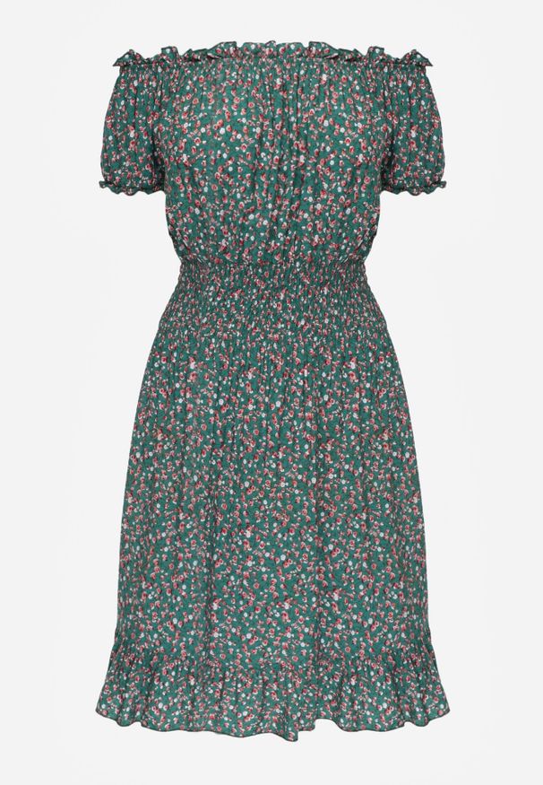 Born2be - Zielona Sukienka Hiszpanka z Bawełny z Gumką w Pasie Viliana. Okazja: na co dzień, na spacer. Typ kołnierza: dekolt hiszpanka. Kolor: zielony. Materiał: bawełna. Długość rękawa: krótki rękaw. Sezon: lato. Styl: casual, elegancki