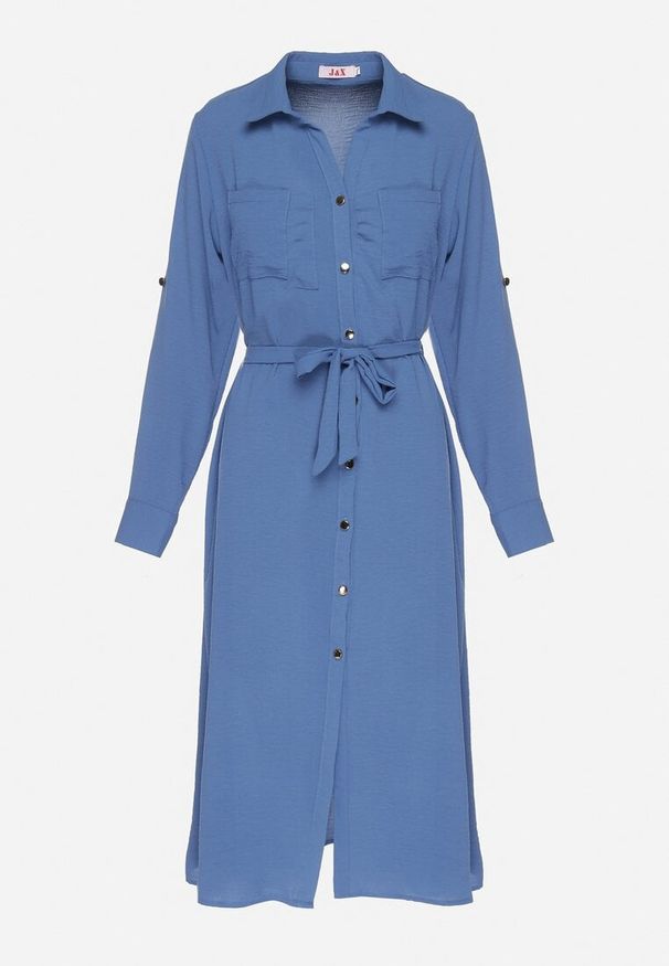 Born2be - Niebieska Koszulowa Sukienka z Materiałowym Paskiem Vivinara. Okazja: na co dzień, na imprezę. Kolor: niebieski. Materiał: materiał. Typ sukienki: koszulowe. Styl: casual, elegancki