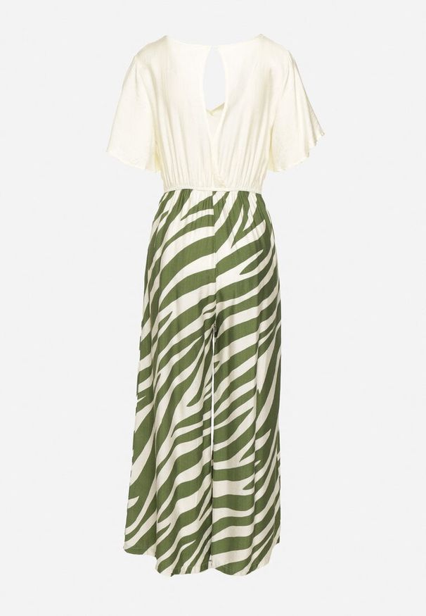 Born2be - Zielono-Beżowy Taliowany Kombinezon z Szerokimi Nogawkami i Paskiem w Talii Nellma. Okazja: na co dzień. Kolor: zielony. Materiał: wiskoza. Długość rękawa: krótki rękaw. Długość: krótkie. Styl: elegancki, casual