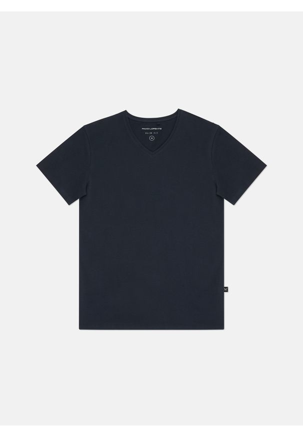 Pako Lorente - PAKO LORENTE – Granatowy gładki t-shirt v-neck. Kolor: niebieski. Materiał: elastan, bawełna. Wzór: gładki