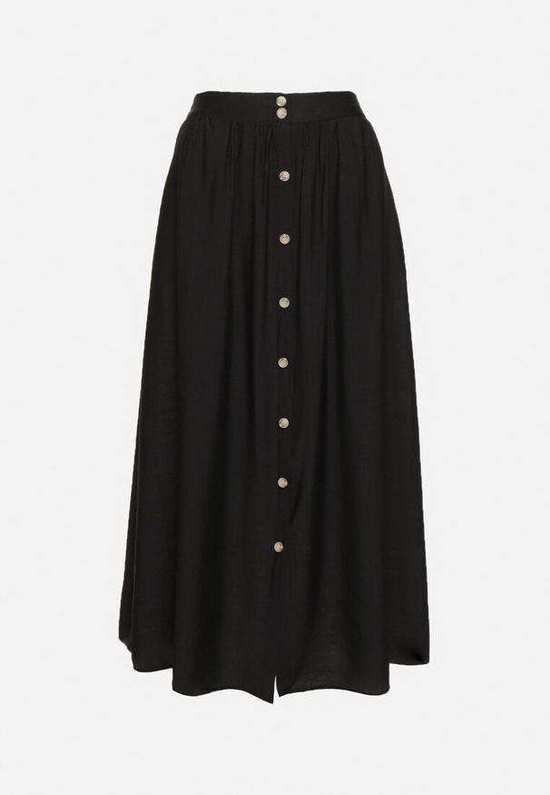 Born2be - Czarna Spódnica Wiskozowa z Lnem o Rozkloszowanym Kroju z Guzikami Namsilla. Kolor: czarny. Materiał: wiskoza, len. Wzór: aplikacja. Sezon: wiosna, lato