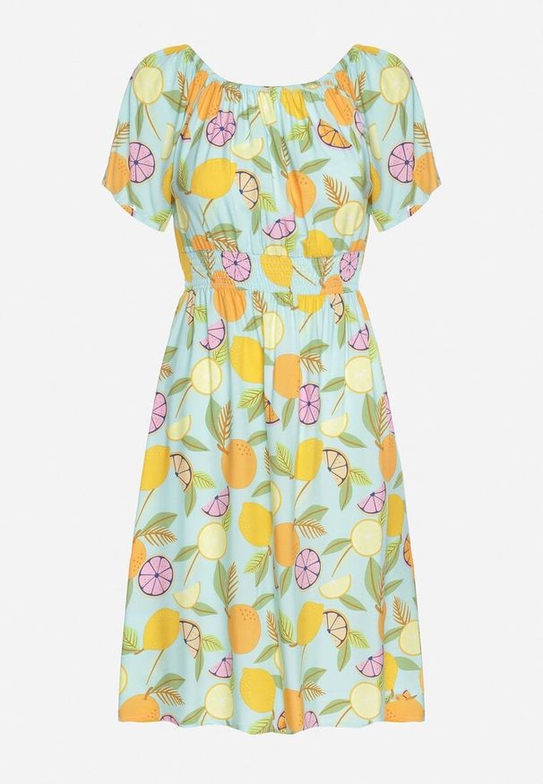 Born2be - Jasnoniebieska Sukienka Hiszpanka z Bawełną i Motywem Cytrusów Avfila. Okazja: na co dzień. Typ kołnierza: dekolt hiszpanka. Kolor: niebieski. Materiał: bawełna. Sezon: lato. Styl: casual, elegancki