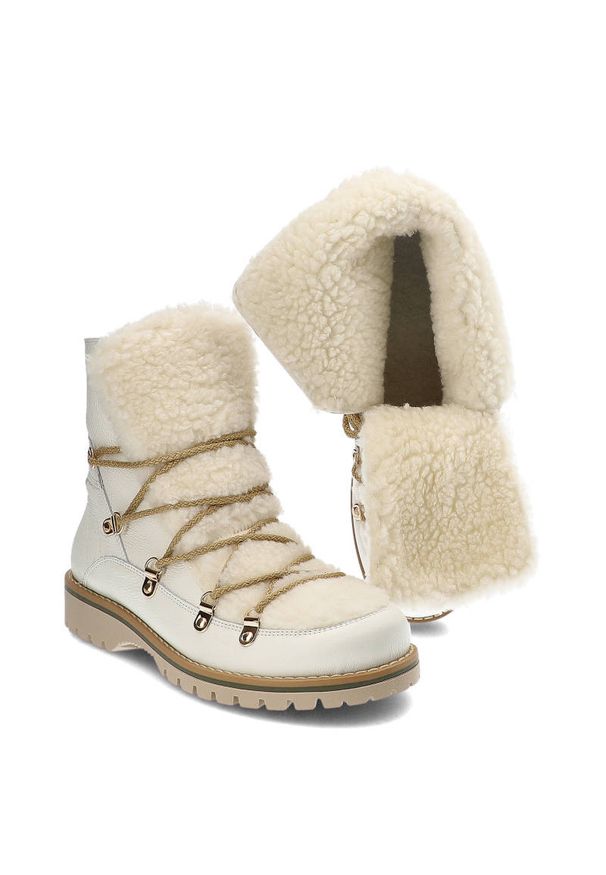 Botki damskie Kampa, cholewka ze skóry naturalnej wnętrze ocieplane i sznurowane, białe, Z652-444-510. Okazja: na spacer. Zapięcie: sznurówki. Kolor: biały. Materiał: skóra. Szerokość cholewki: normalna. Sezon: zima. Styl: elegancki