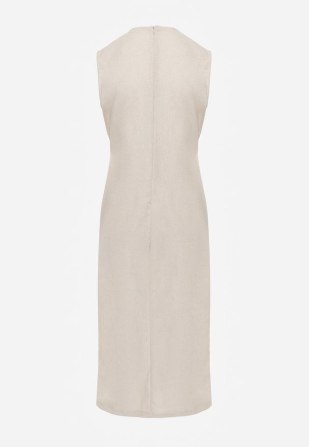 Renee - Jasnobeżowa Sukienka z Wiskozą i Lnem w Eleganckim Stylu z Paskiem z Ozdobą Coritia. Kolor: beżowy. Materiał: wiskoza, len. Długość rękawa: bez rękawów. Wzór: aplikacja. Sezon: lato. Typ sukienki: dopasowane. Styl: elegancki