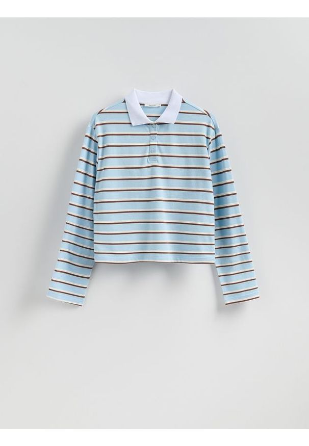 Reserved - Longsleeve polo - jasnoniebieski. Typ kołnierza: polo. Kolor: niebieski. Materiał: bawełna, dzianina. Długość rękawa: długi rękaw