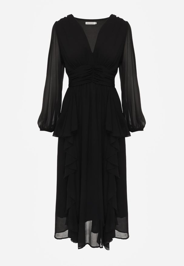 Renee - Czarna Rustykalna Sukienka Wieczorowa z Falbanami i Marszczeniem w Talii Himereanes. Typ kołnierza: kołnierz z falbankami. Kolor: czarny. Materiał: tkanina. Wzór: gładki, aplikacja. Typ sukienki: rozkloszowane. Styl: wizytowy