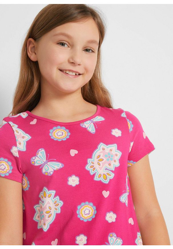 bonprix - Sukienka shirtowa z bawełny organicznej. Kolor: różowy. Materiał: bawełna. Długość rękawa: krótki rękaw. Wzór: gładki, nadruk, kwiaty