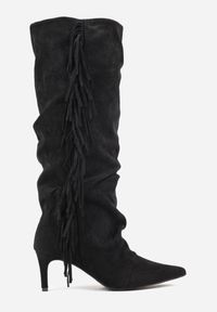 Renee - Czarne Kozaki na Szpilce w Stylu Boho Ozdobione Frędzlami Mevinavia. Okazja: na co dzień. Kolor: czarny. Materiał: jeans. Wzór: aplikacja. Sezon: lato. Obcas: na szpilce. Styl: boho #6