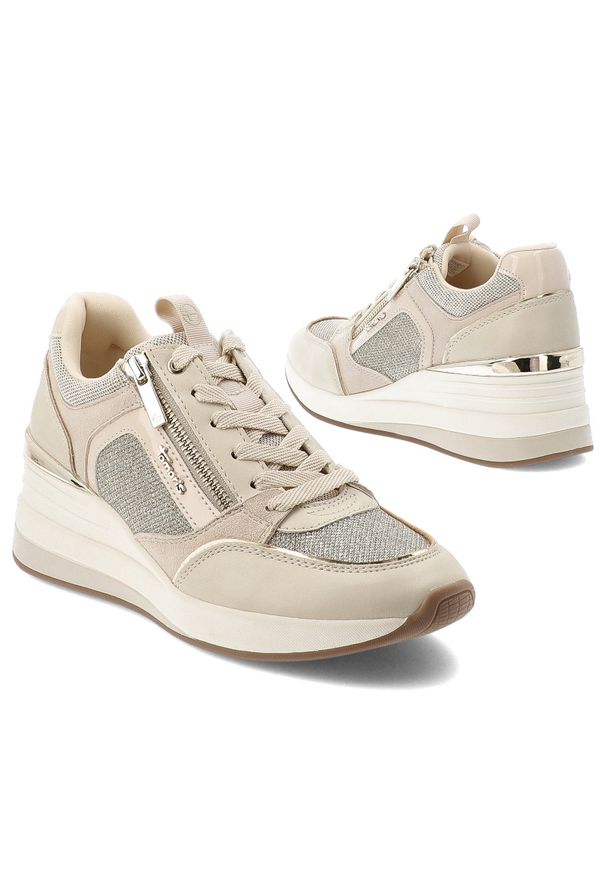 Beżowe Sneakersy Tamaris Eleganckie Obuwie Damskie Na Koturnie. Zapięcie: sznurówki. Kolor: beżowy. Materiał: materiał. Szerokość cholewki: normalna. Wzór: aplikacja. Obcas: na koturnie. Styl: elegancki