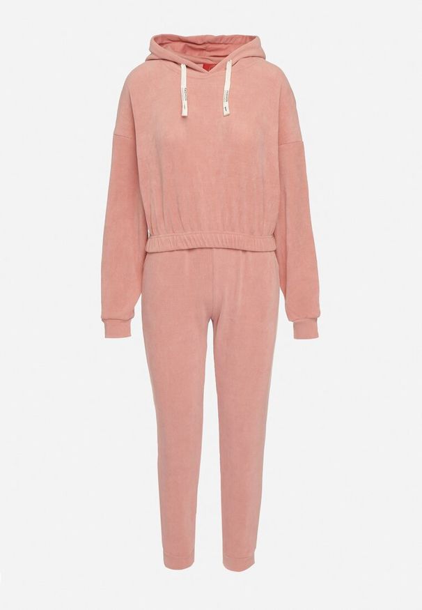 Born2be - Różowy Komplet Dresowy z Bawełną Krótka Bluza z Kapturem i Spodnie z Gumką w Pasie Gesaria. Kolor: różowy. Materiał: bawełna, dresówka