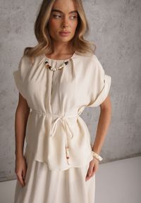 Renee - Beżowy Rustykalny Komplet z Lnem i Wiskozą Spódnica i Bluzka-Nietoperz Lilinney. Kolor: beżowy. Materiał: wiskoza, len #7