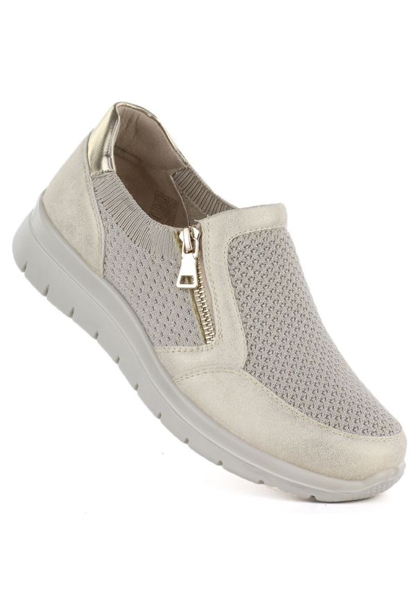 Półbuty sportowe na suwak tekstylne beżowo złote Unisoft 9026. Okazja: na co dzień. Kolor: beżowy, złoty, wielokolorowy. Materiał: skóra ekologiczna. Szerokość cholewki: normalna. Obcas: na platformie. Styl: sportowy