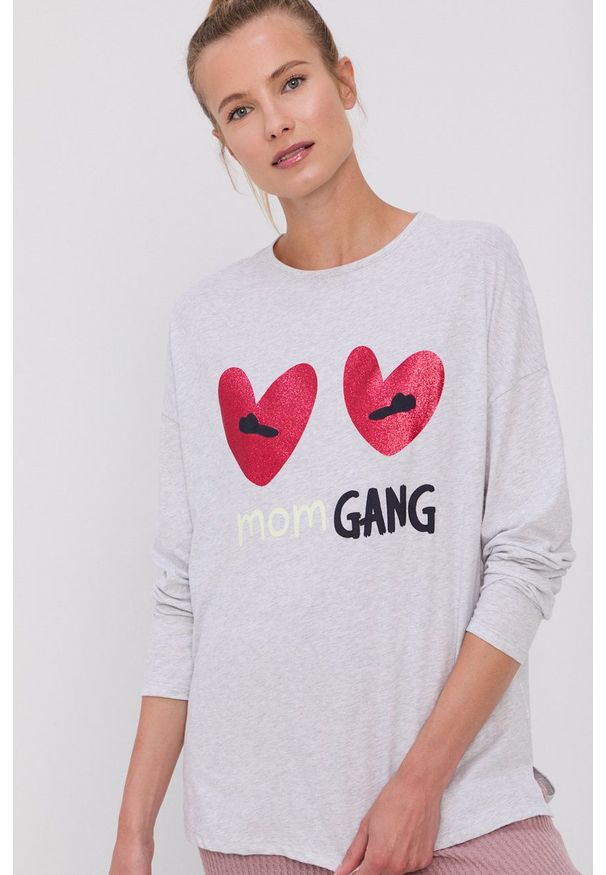 United Colors of Benetton - Longsleeve piżamowy. Kolor: szary. Materiał: bawełna. Długość: długie. Wzór: nadruk