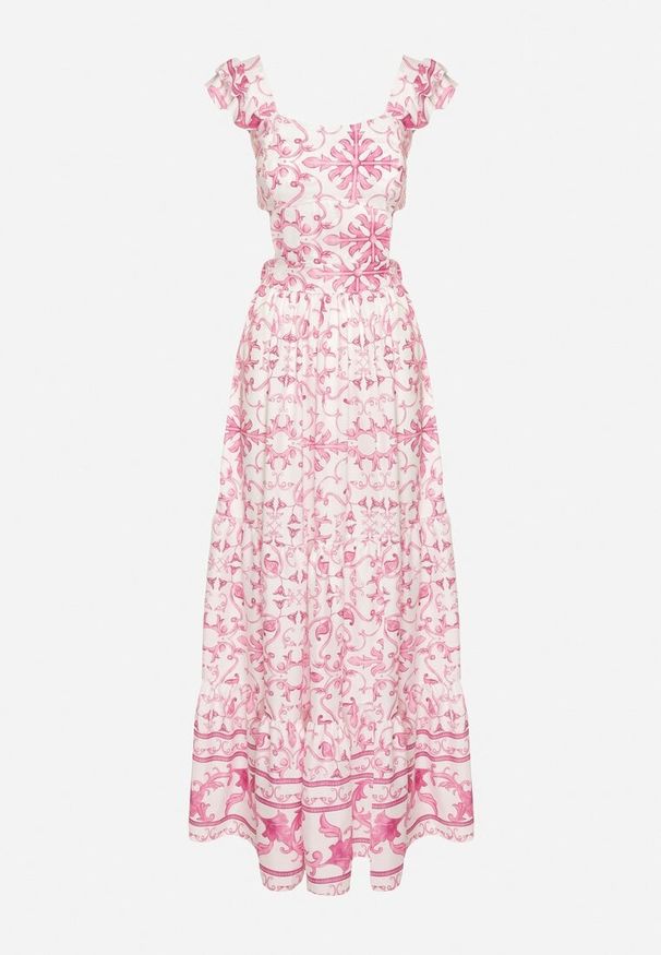 Born2be - Fuksjowa Sukienka w Ornamentny Wzór z Wycięciem Halionea. Okazja: na co dzień. Kolor: różowy. Sezon: lato. Styl: casual