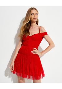 SELF PORTRAIT - Czerwona sukienka z plisowaniem. Okazja: na wesele, na imprezę, na ślub cywilny, na sylwestra. Kolor: czerwony. Wzór: aplikacja. Typ sukienki: z odkrytymi ramionami, dopasowane, rozkloszowane. Długość: mini #3