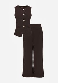 Born2be - Brązowy Komplet Garniturowy z Bawełną Kamizelka i Szerokie Spodnie Sererissa. Kolor: brązowy. Materiał: bawełna #7