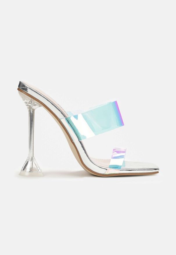 Renee - Srebrne Przezroczyste Klapki na Wysokiej Szpilce Golnite. Kolor: srebrny